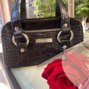 ISABELLA FIORE Black Leather Alligator Print Mini Purse
